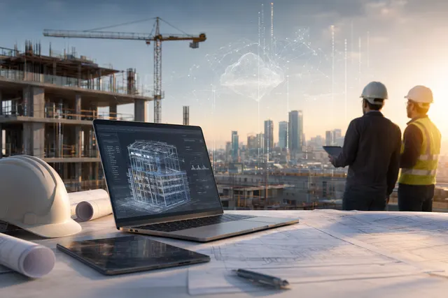 Illustration of an AI-powered construction control room dashboard managing projects, finances, and workforce