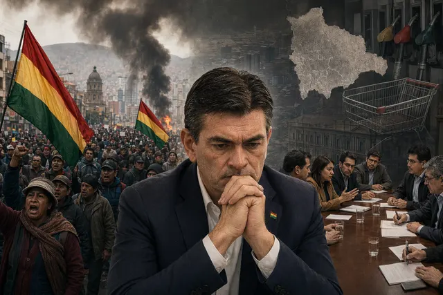 Illustration representing nationwide protests and political unrest in Bolivia during the crisis facing President Rodrigo Paz
