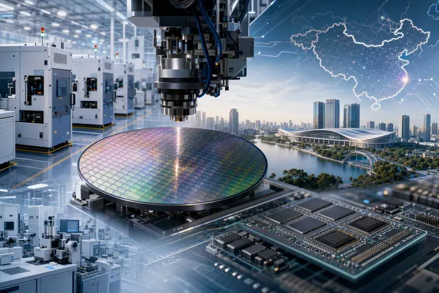 Editorial illustration of semiconductor manufacturing equipment and wafers at CSEAC 2026 in Wuxi