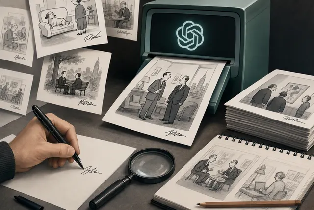 Illustration representing AI-generated cartoons and questions about artist attribution.