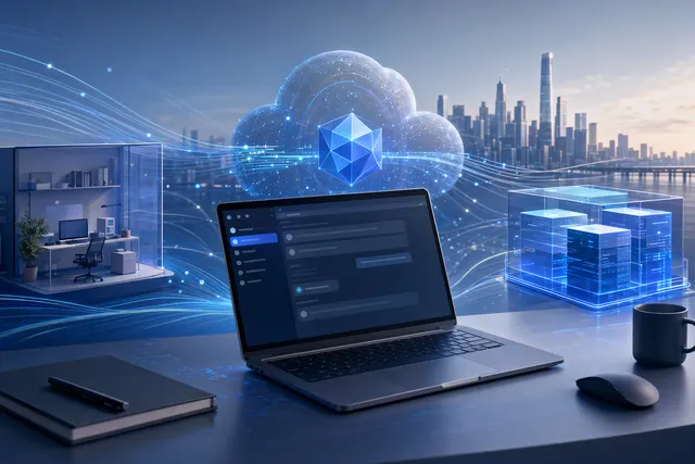 Illustration representing an AI model accessed through a desktop agent and cloud API