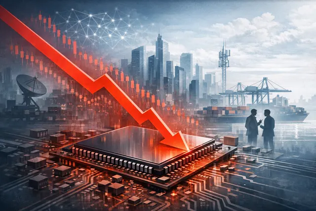 Graphic showing a downward-trending stock chart with semiconductor chip icons and Asian market flags, illustrating the July 28, 2026 sell-off in Asian chip stocks.