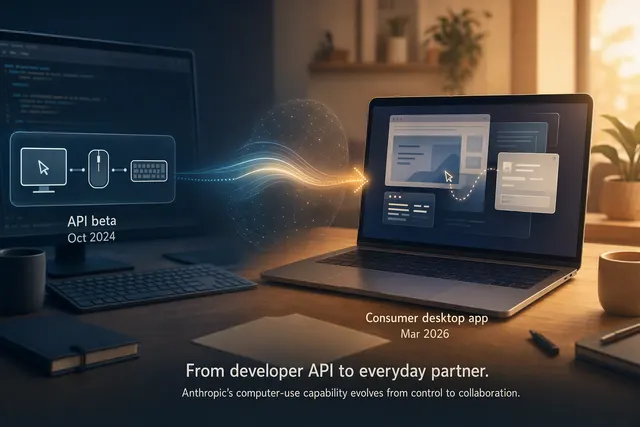 Illustration of an AI assistant automating tasks across a macOS desktop while a user works separately