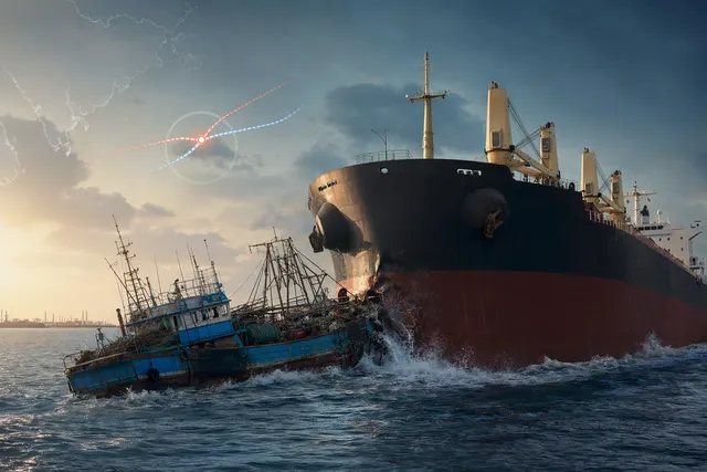 AI-generated maritime illustration accompanying coverage of the First Margaux collision; not a photograph of the incident
