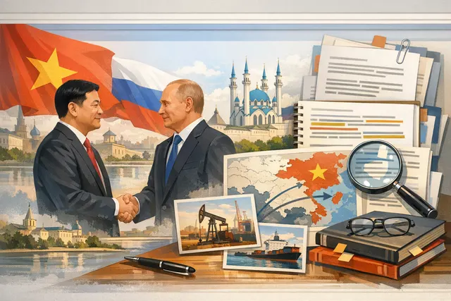 Vietnamese Prime Minister Le Minh Hung and Russian President Vladimir Putin meeting in Kazan during the ASEAN-Russia Commemorative Summit