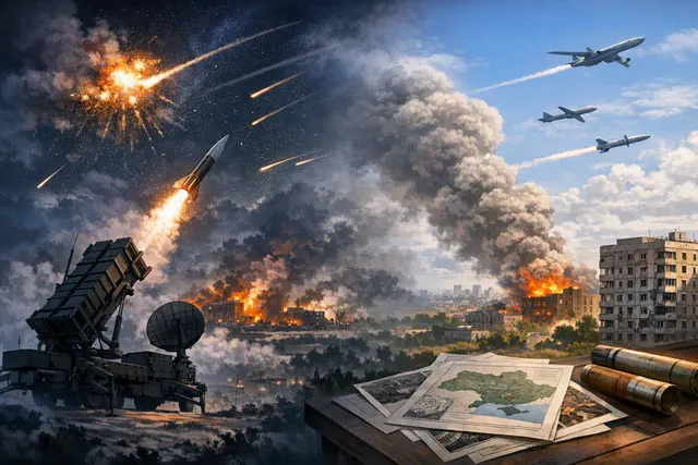 AI-generated editorial illustration of a missile-and-drone barrage over Ukraine