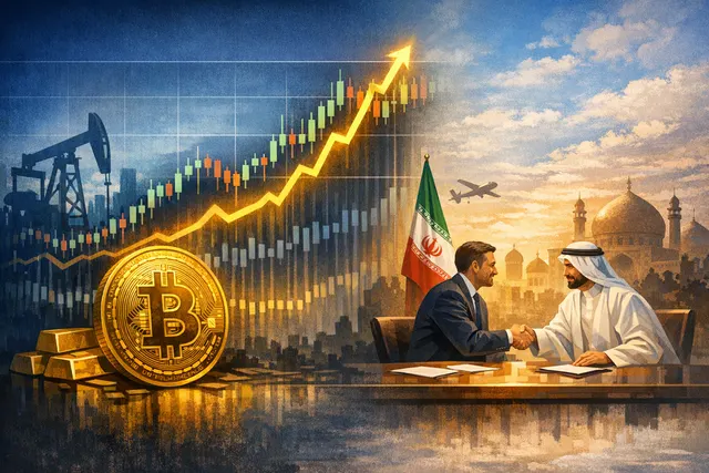 Bitcoin price chart intersecting with a breaking news headline about Iran peace talks, illustrating the volatile link between geopolitical events and cryptocurrency markets.