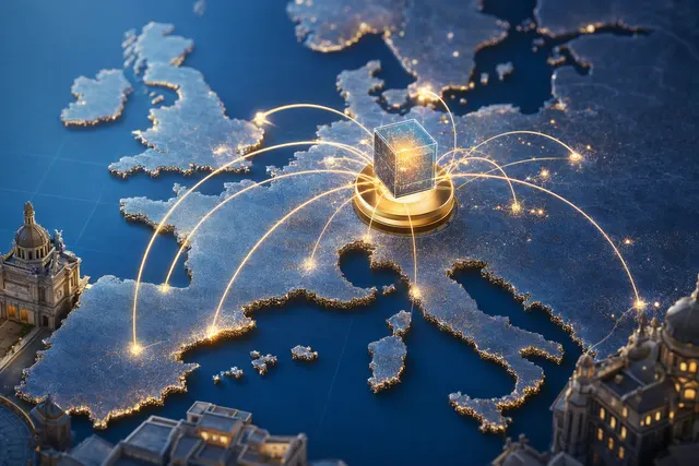 Editorial illustration representing European payment systems connected through a shared network