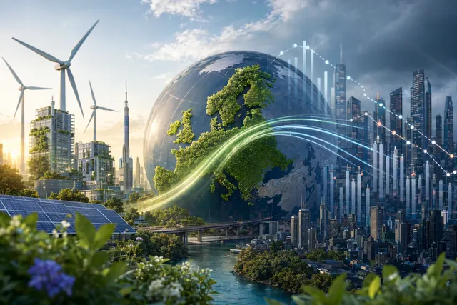 Illustration of Europe leading climate tech venture investment with wind turbines and clean energy startups