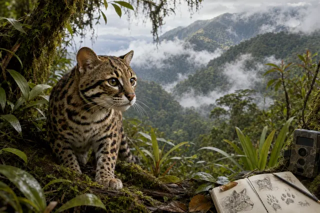 Illustration of the tilcayo, a small spotted wild cat from Bolivia’s Yungas cloud forest