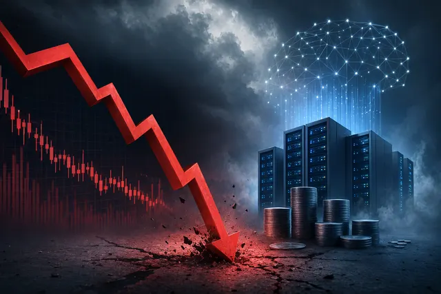 AI-generated editorial illustration representing technology stocks under pressure as investors reassess AI spending and seek safer assets.