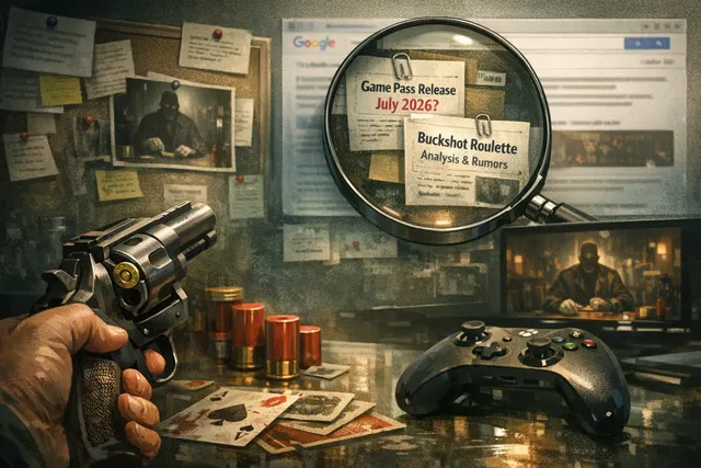 Buckshot Roulette gameplay scene showing the dealer and shotgun across a table in a dark industrial setting