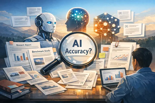 Abstract visualization of AI model benchmark comparison and accuracy leaderboard for 2026