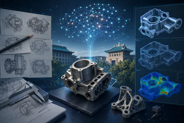 Illustration of AI-assisted CAD reconstruction from technical drawings into a 3D mechanical part