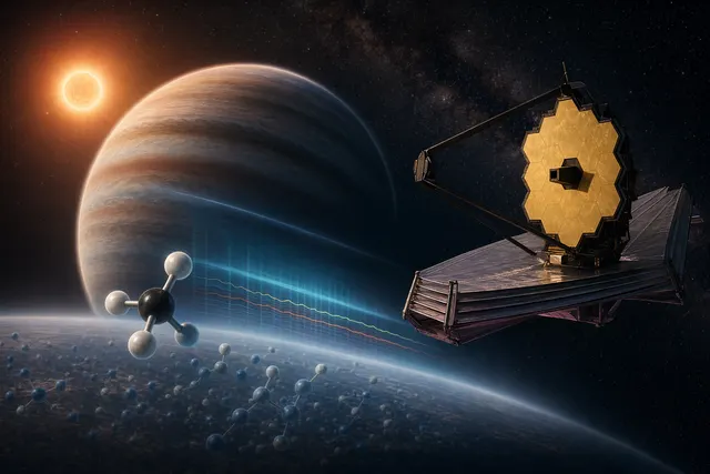 Illustration of the temperate Saturn-sized exoplanet TOI‑199b transiting its host star as JWST studies its atmosphere
