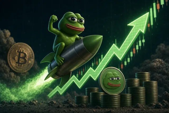 Editorial illustration for a story about PEPE’s cryptocurrency rally and short-squeeze risk