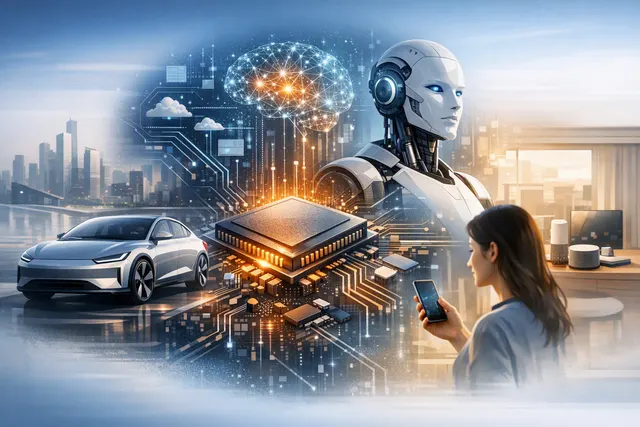Editorial illustration of Xiaomi expanding from smartphones into electric vehicles, AI software, connected devices and robotics