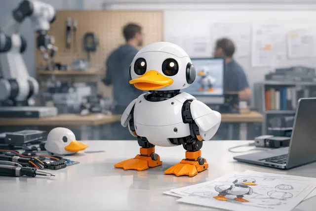 Stylized editorial illustration of Hugging Face’s Microduck open-source bipedal robot