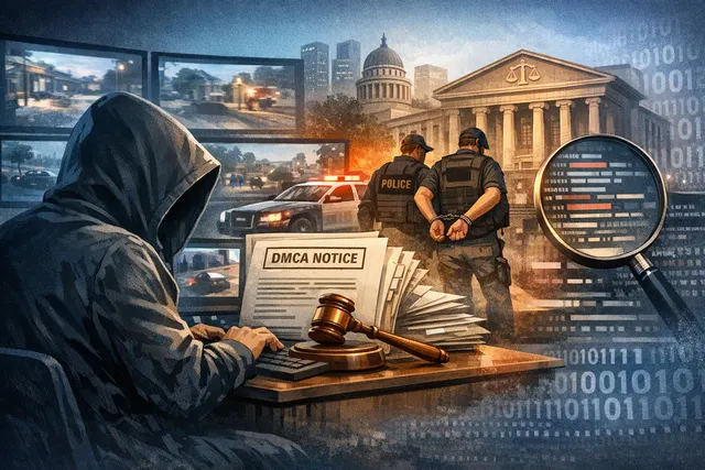 Editorial illustration of a legal investigation into CyberLeek’s Grand Theft Auto VI gameplay leaks, with subpoena documents and gaming imagery