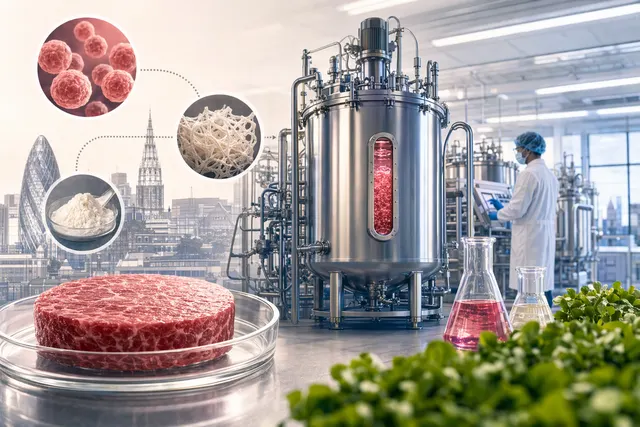 Bioreactor tanks used in cultivated meat production inside a modern food biotech facility