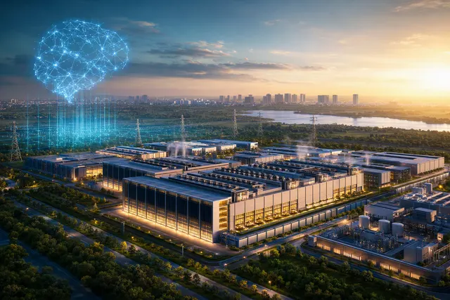 AI-generated illustration of a large AI data center campus in Hyderabad