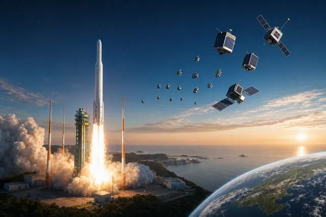 AI-generated editorial illustration accompanying an article about South Korea’s planned fifth Nuri rocket launch