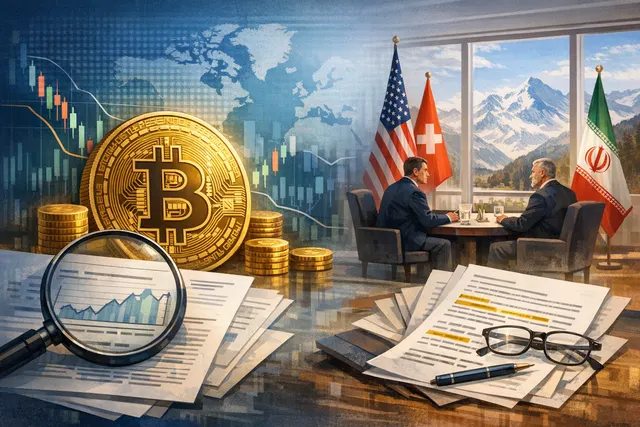 Bitcoin price chart and trading data visualization with geopolitical overlay showing Iran peace talks impact