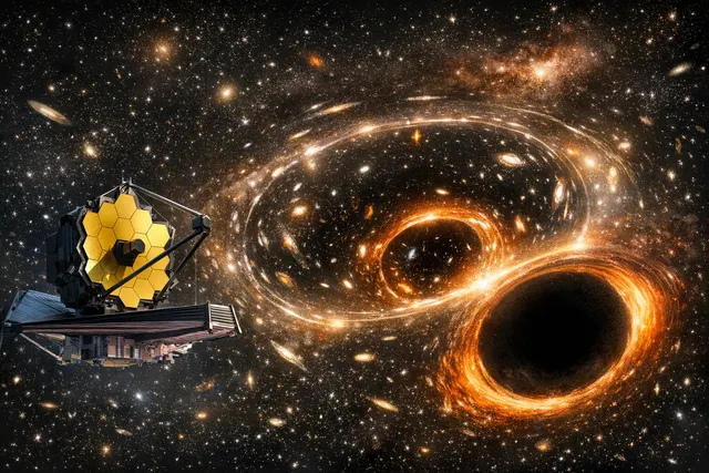 Artistic illustration of a massive dormant black hole at the center of a distant red galaxy, with light from the galaxy being bent and magnified by a foreground galaxy cluster acti