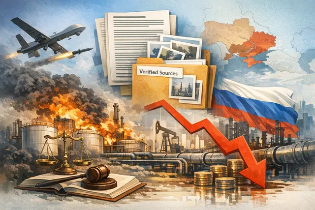 Oil refinery with smoke rising after a drone strike, representing the damage to Russian oil infrastructure from Ukraine's campaign.