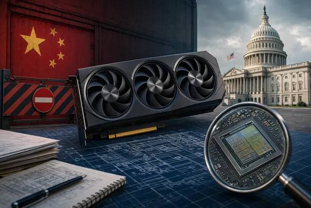 Illustration of Nvidia RTX 5090D V2 GPU representing the US‑China semiconductor export conflict