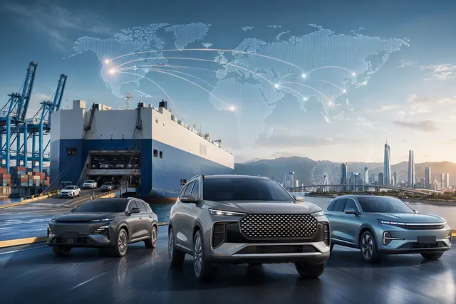 Illustration representing Chery’s global expansion and electric vehicle exports