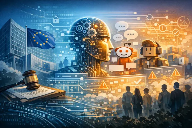 Editorial illustration of ChatGPT, Reddit, and Roblox under the EU Digital Services Act