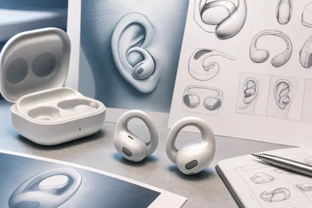 AI-generated editorial illustration accompanying a report on Samsung’s rumored clip-on Galaxy Buds On earbuds
