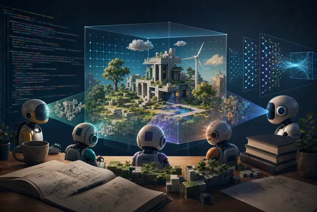 Conceptual illustration of an AI agent interacting with a code-defined virtual world rendered as video