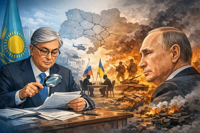 Kazakh President Kassym-Jomart Tokayev speaking alongside Russian President Vladimir Putin at a forum in Omsk