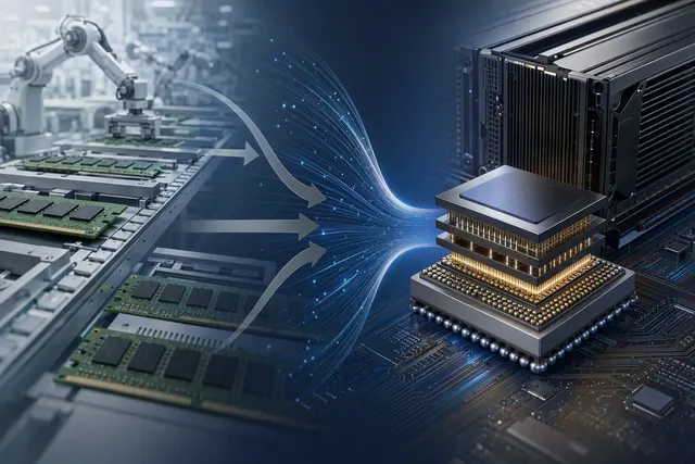 Illustration of advanced semiconductor packaging and high-bandwidth memory for AI hardware
