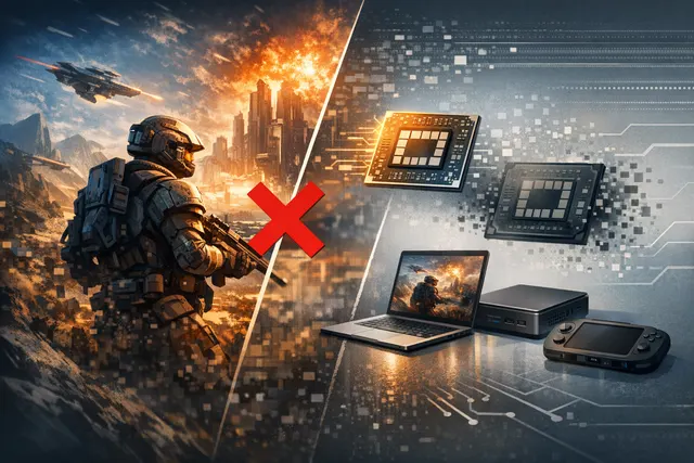 A gaming handheld device silhouette against a stylized digital backdrop, representing AMD's RDNA 3.5 integrated graphics exclusion from FSR 4.1 upscaling support.