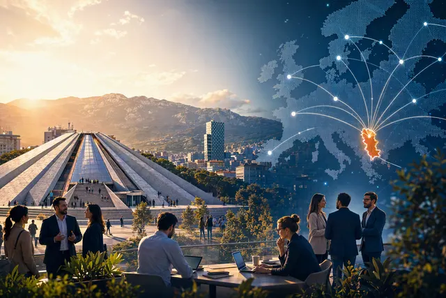 AI-generated editorial illustration for an article about Plug and Play Tirana Expo 2026