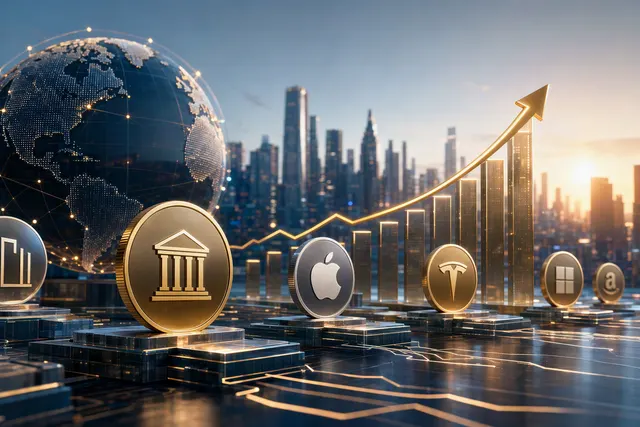 Editorial illustration of tokenized equities and blockchain market growth