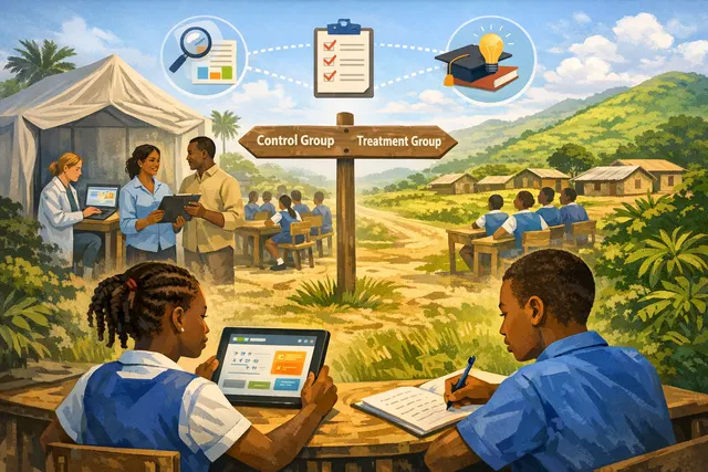 Students in a classroom working collaboratively on tablets with an AI learning interface projected on a screen, illustrating the Gemini Guided Learning trial in Sierra Leone.