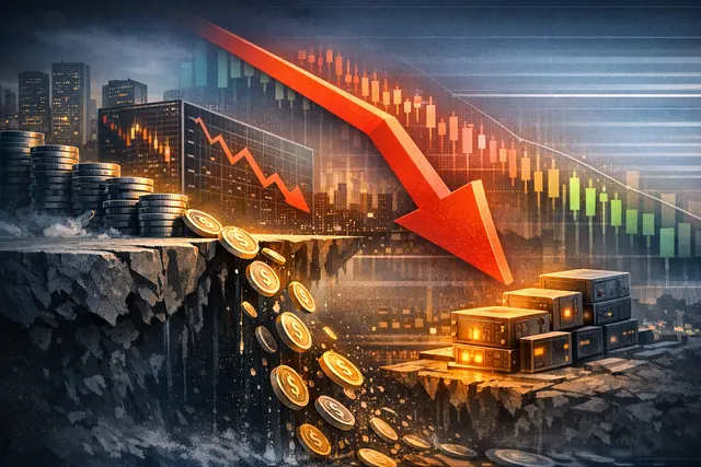 Graphical representation of stablecoin capital flowing out of a crypto exchange, with downward-trending arrows over a dark financial district backdrop.