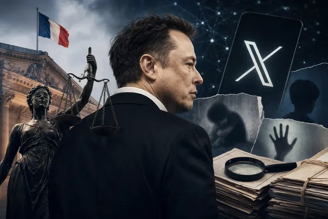 Editorial illustration of Elon Musk’s X under French criminal investigation, with legal and social media imagery
