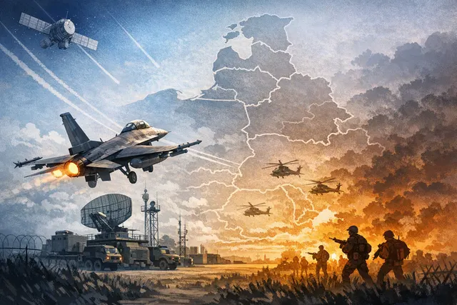 A conceptual image representing NATO fighter jet scrambles on the eastern flank in July 2026, showing fighter aircraft in formation over a map of Eastern Europe.