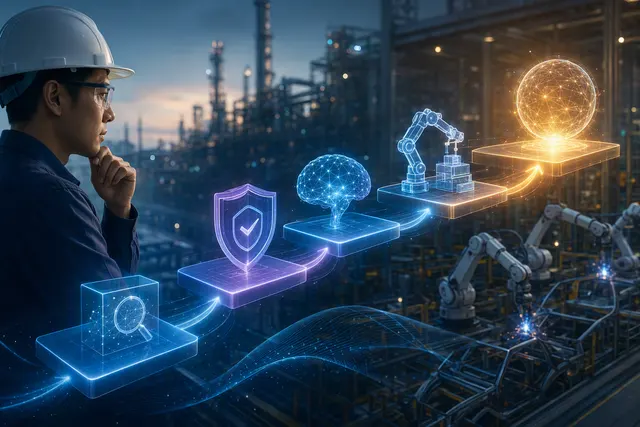 Illustration of AI being used to monitor and support industrial factory operations