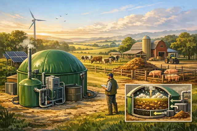 Illustration of a compact farm anaerobic-digestion system converting livestock waste into biogas and fertiliser