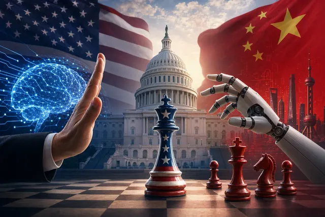 Editorial illustration about the debate over an AI development moratorium and U.S.-China competition