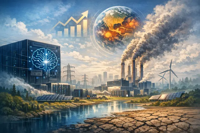 A conceptual illustration of a giant, futuristic data center looming over a parched landscape, symbolizing AI's heavy environmental footprint on water and land resources.