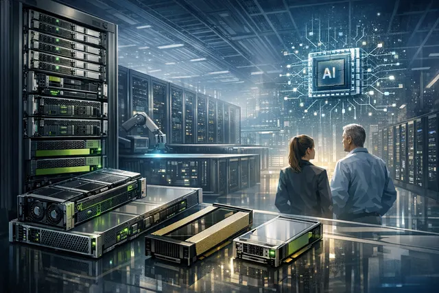 AI-generated visualization of Vultr's next-generation AI data center architecture with NVIDIA GB300 NVL72 systems, liquid cooling, and high-bandwidth networking fabric.