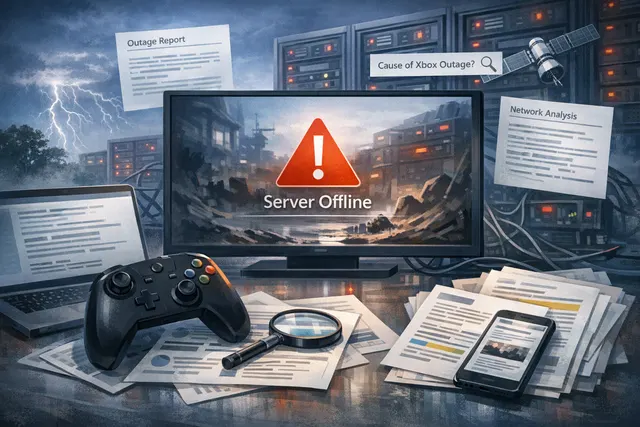 AI-generated visual of an Xbox console displaying an error message representing the July 2026 outage that blocked users from launching digitally-owned games.
