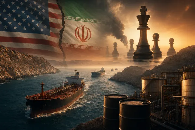 Editorial illustration of oil-market risk tied to U.S.-Iran talks and the Strait of Hormuz
